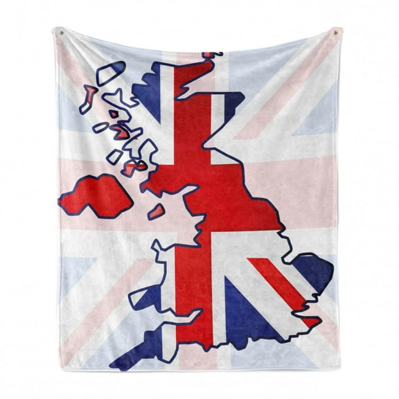 Union Jack Soft Flannel Fleece Throw Blanket, Faded United Kingdom Flag and Country Map Composition Nations , Cozy Plush for Indoor and Outdoor Use, 50" x 60", Violet Blue Red White, by Ambesonne