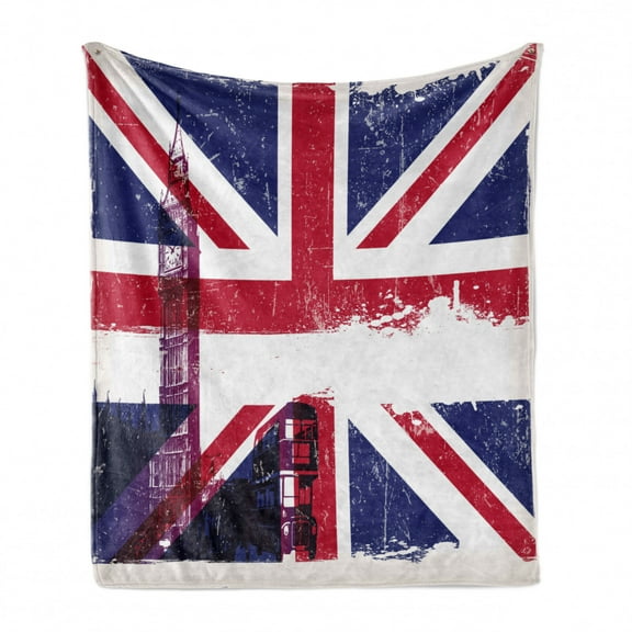 Union Jack Soft Flannel Fleece Throw Blanket, Grungy Aged UK Flag Big Ben Double Decker Country Culture Historic Landmark, Cozy Plush for Indoor and Outdoor Use, 70" x 90", Multicolor, by Ambesonne