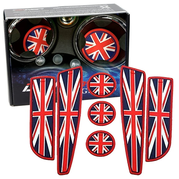 Union Jack Style Silicone Interior Cabin Mats For Mini Cooper R55 R56 R57 R58 R59, 7-Piece Red/Blue Cupholder Coasters, Side Door Compartment Liners