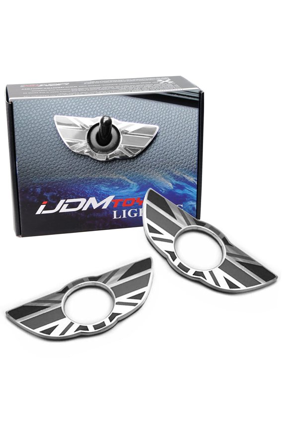 Union Jack Style Wing Emblem Rings For Mini Cooper R60 Countryman R61 Paceman Door Lock Knobs, Black/Grey UK Flag Design