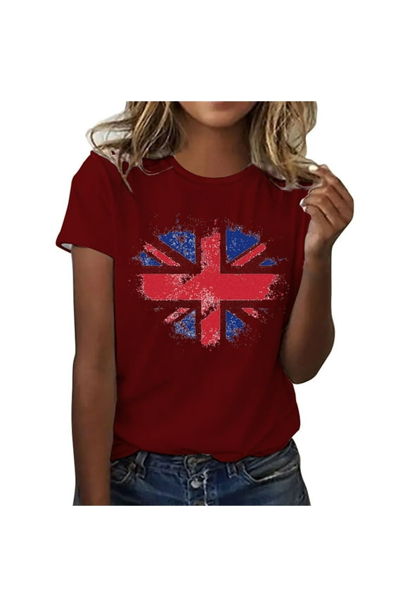 Union Jack T Shirt Women ,Ladies Union Jack Tops Crewneck Short Sleeve Blouse Slim Fit Union Jack Flags Printed Casual Graphic Tee Sunflower Summer Tops Size 8-16