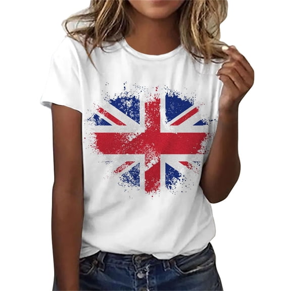 Union Jack T Shirt Women ,Ladies Union Jack Tops Crewneck Short Sleeve Blouse Slim Fit Union Jack Flags Printed Casual Graphic Tee Sunflower Summer Tops Size 8-16