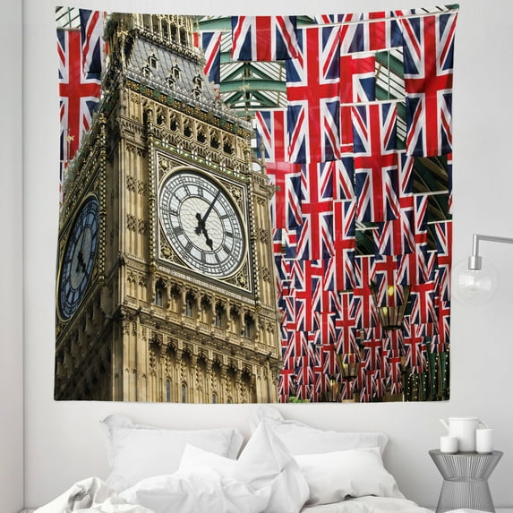 Union Jack Tapestry, UK Flags Background Big Ben Celebrations Loyalty, Fabric Wall Hanging Decor for Bedroom Living Room Dorm, 5 Sizes, Pale Coffee Red, by Ambesonne