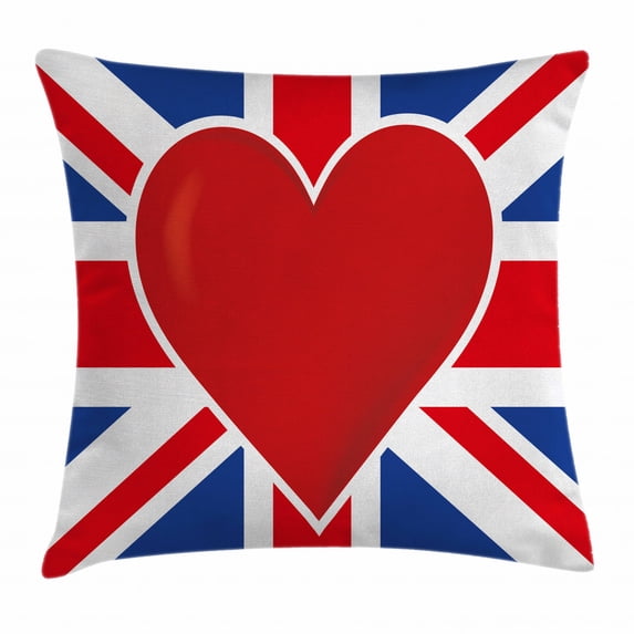 Union Jack Throw Pillow Cushion Cover, British Flag with a Big Red Heart in Center Nationality Pride Concept, Decorative Square Accent Pillow Case, 18 X 18 Inches, Royal Blue Red White, by Ambesonne