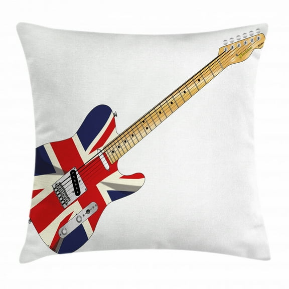 Union Jack Throw Pillow Cushion Cover, Classical Electric Guitar UK Flag Great Britain Music Instrument, Decorative Square Accent Pillow Case, 16 X 16 Inches, Light Brown Silver Black, by Ambesonne