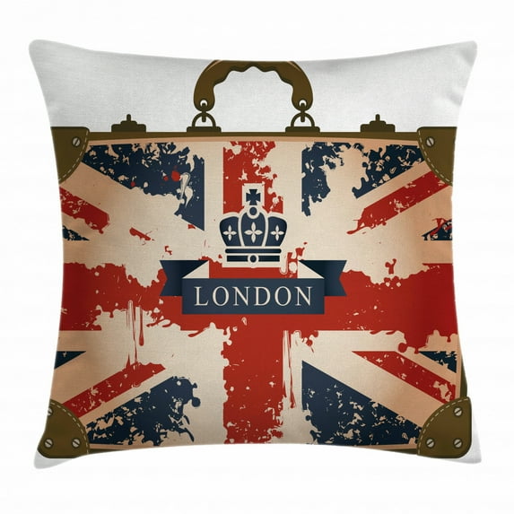 Union Jack Throw Pillow Cushion Cover, Vintage Travel Suitcase with British Flag London Ribbon and Crown Image, Decorative Square Accent Pillow Case, 16 X 16 Inches, Dark Blue Red Brown, by Ambesonne