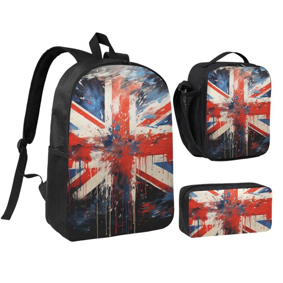 Union Jack UK Flag Art 17-inch Laptop Backpack 3-Piece Set with Insulated Lunch Bag and Accessory Pouch, Rucksack for Teens Adults