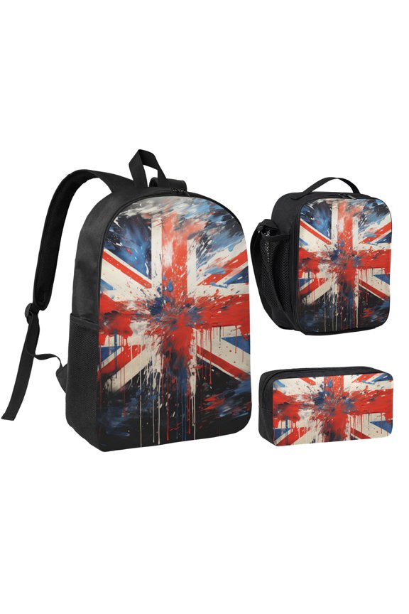 Union Jack UK Flag Art 17-inch Laptop Backpack 3-Piece Set with Insulated Lunch Bag and Accessory Pouch, Rucksack for Teens Adults