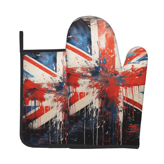 Union Jack UK Flag Art 2Pcs Oven Mitts and Pot Holders Set Kitchen Glove & Trivet Hot Pads for Cooking Baking BBQ Grilling