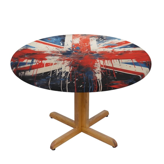Union Jack UK Flag Art Fitted Round Tablecloth 110cm with Elastic Edge, Waterproof Table Cover Furniture Protector for Patio, Dining Room Restaurant