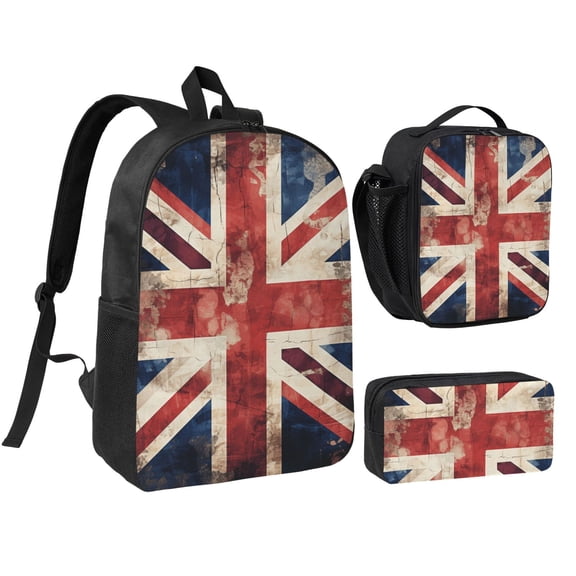 Union Jack UK Flag Vintage 17-inch Laptop Backpack 3-Piece Set with Insulated Lunch Bag and Accessory Pouch, Rucksack for Teens Adults