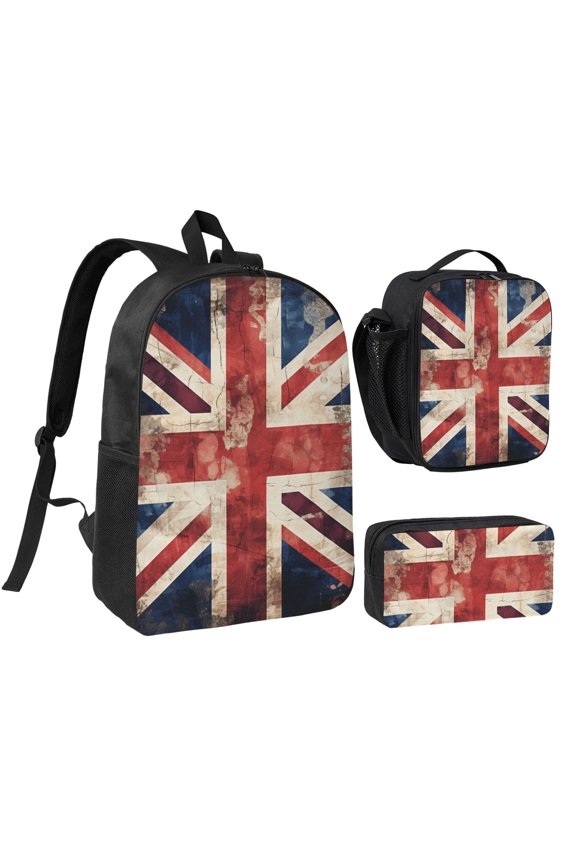 Union Jack UK Flag Vintage 17-inch Laptop Backpack 3-Piece Set with Insulated Lunch Bag and Accessory Pouch, Rucksack for Teens Adults