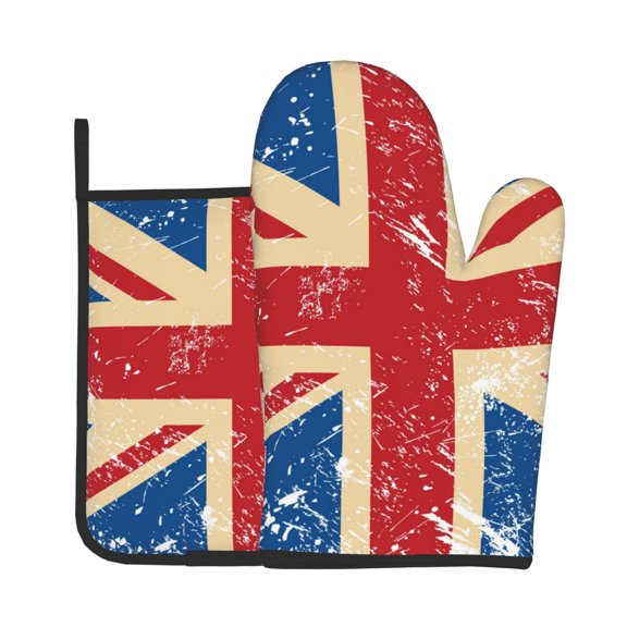 Union Jack Uk Flag Retro 2Pcs Oven Mitts and Pot Holders Set Kitchen Glove & Trivet Hot Pads for Cooking Baking BBQ Grilling