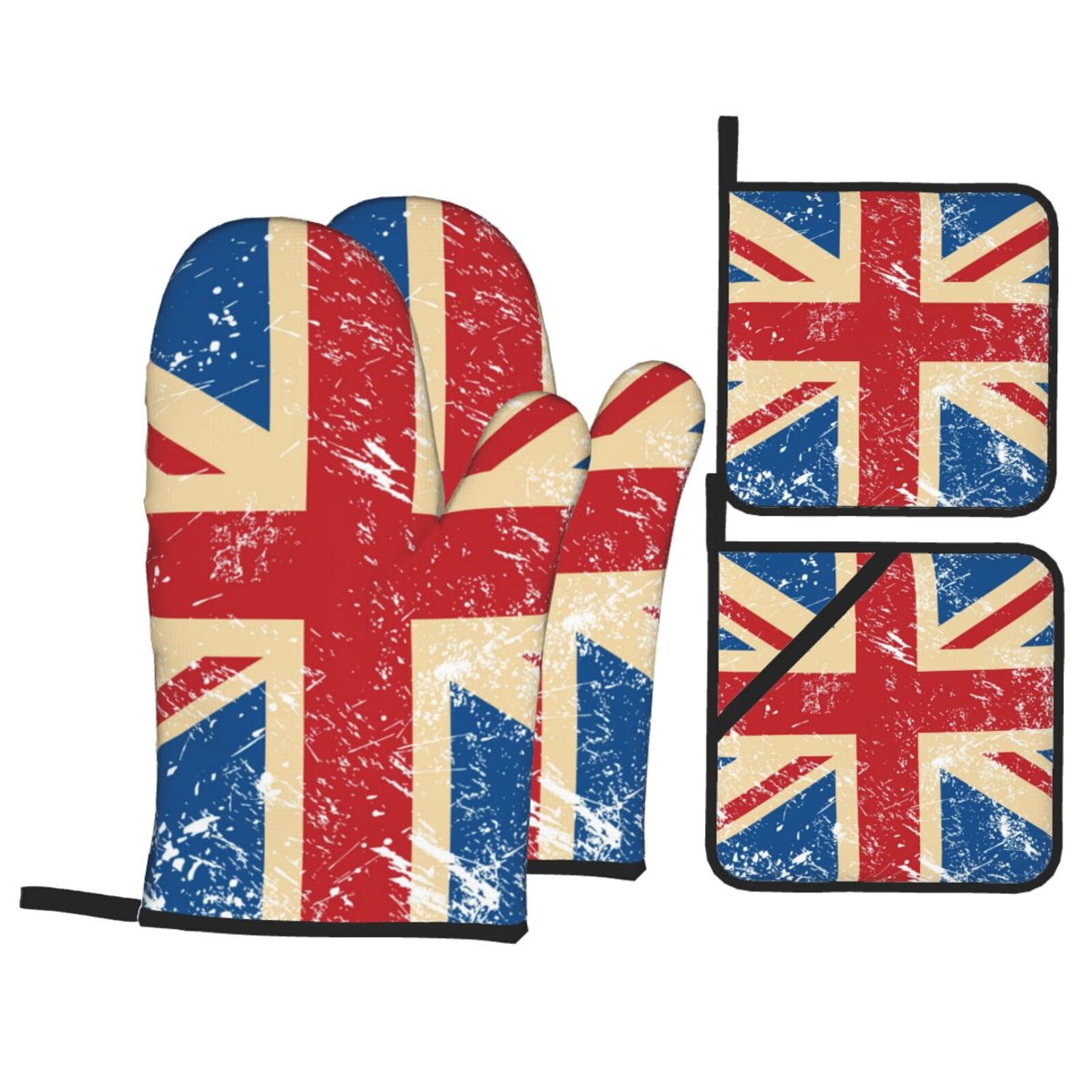 Union Jack Uk Flag Retro 4Pcs Oven Mitts and Pot Holders Sets Oven Kitchen Gloves Hot Pads for Cooking BBQ Baking Grilling