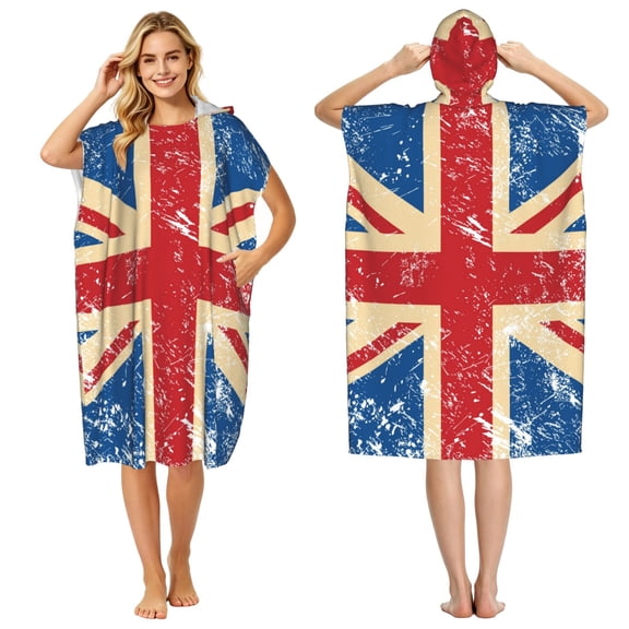 Union Jack Uk Flag Retro Adult Hooded Beach Towel Changing Robe, Surf Poncho Towel for Surfing, Swimming, Camping