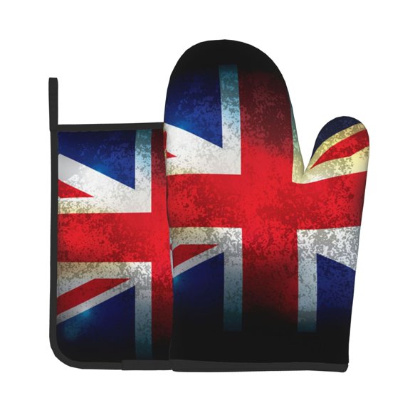 Union Jack United Kingdom Flag Vintage 2Pcs Oven Mitts and Pot Holders Set Kitchen Glove & Trivet Hot Pads for Cooking Baking BBQ Grilling