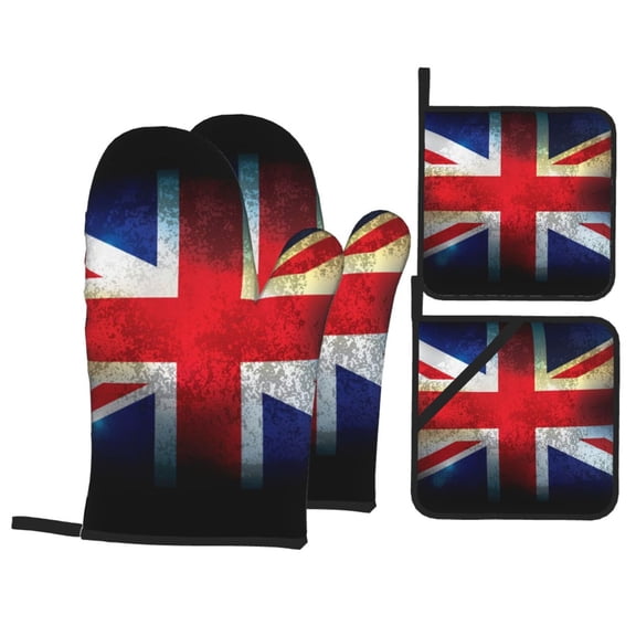 Union Jack United Kingdom Flag Vintage 4Pcs Oven Mitts and Pot Holders Sets Oven Kitchen Gloves Hot Pads for Cooking BBQ Baking Grilling