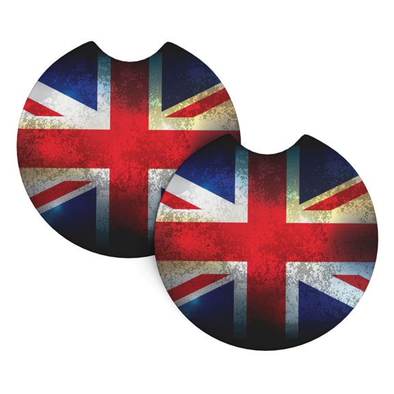 Union Jack United Kingdom Flag Vintage Car Cup Holder Pad 2-Pack Neoprene Coasters for Auto Interior Waterproof Universal Fit for Most Vehicles