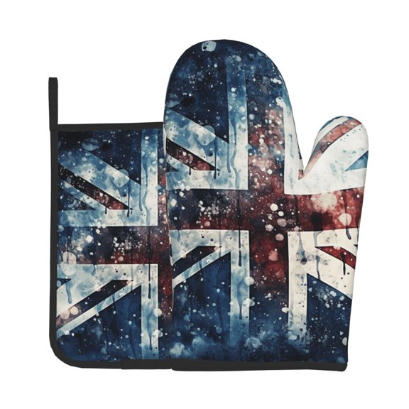 Union Jack Vintage UK Flag Starry 2Pcs Oven Mitts and Pot Holders Set Kitchen Glove & Trivet Hot Pads for Cooking Baking BBQ Grilling