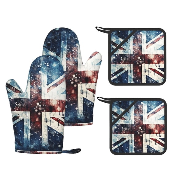 Union Jack Vintage UK Flag Starry 4-Piece Silicone Oven Gloves and Pot Holders Set Hot Pads for Kitchen Cooking BBQ Baking Chefs Cooks