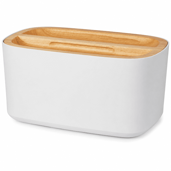 Union Large White Bread Box for Kitchen Countertop, Bread Storage Container with Reversible Wood Cutting Board Lid, 14.25 x 9.25 x 7 in