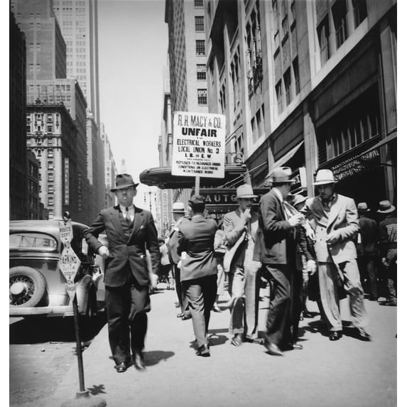 Union Men Picketing Macy'S Department Store. Sign Reads 'R.H. Macy Co. Unfair - Electrical Workers - Local Union No. 3' And 'Refuses To Recognize Union Conditions On Electrical Maintenance Work.' New