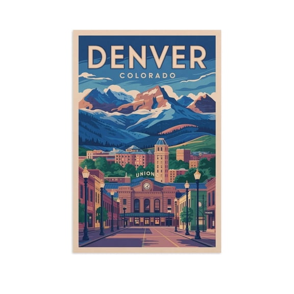 Union Station Classic Poster Retro Denver Cityscape with Scenic Mountain Views Print Poster