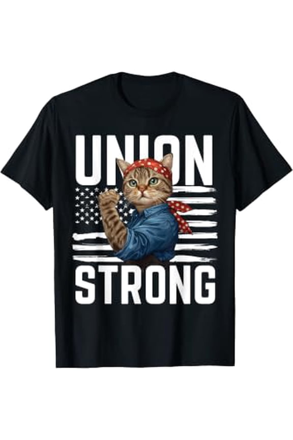 Union Strong Cat USA Flag Labor Day and Cat Lover T-Shirt
