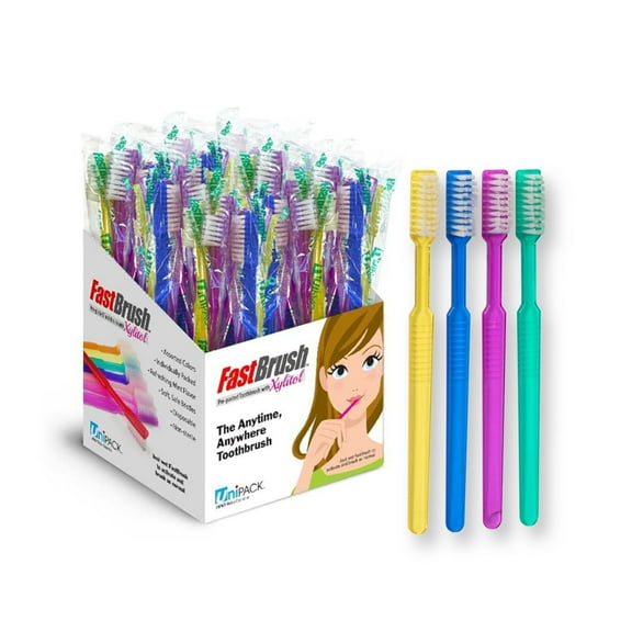 Unipack FastBrush Pre-Pasted Disposable Toothbrush, Soft Bristles, Adult Use, Xylitol, 100 Pack