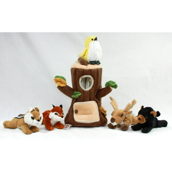 Unipak Special Edition Plush Treehouse With Animals - Tree Stump + Five (5) Stuffed Forest Animals (Fox, Elk, Bird, Black Bear, And Squirrel) By Unipak Toy_Figure