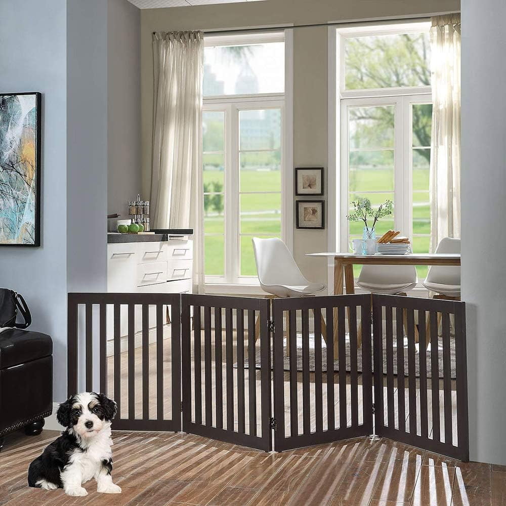 Unipaws 24" H Free Standing Pet Gate for Dog Cat, Wooden Dog Gates for Doorway, Stairs, Step Over Foldable Pet Fence for The House, Expandable Dog Barrier, Indoor Use, Espresso