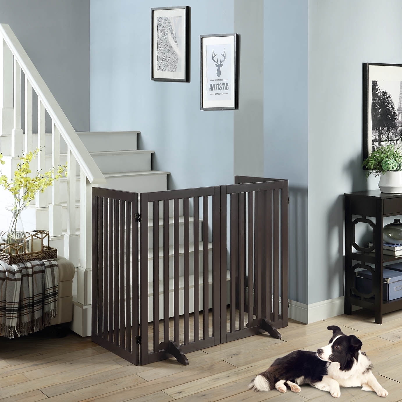 Unipaws 36" H Free Standing Pet Gate for Dog Cat, Tall Wooden Dog Gates for Doorway, Stairs, Foldable Pet Fence for The House, Expandable Dog Barrier, Indoor Use, Espresso