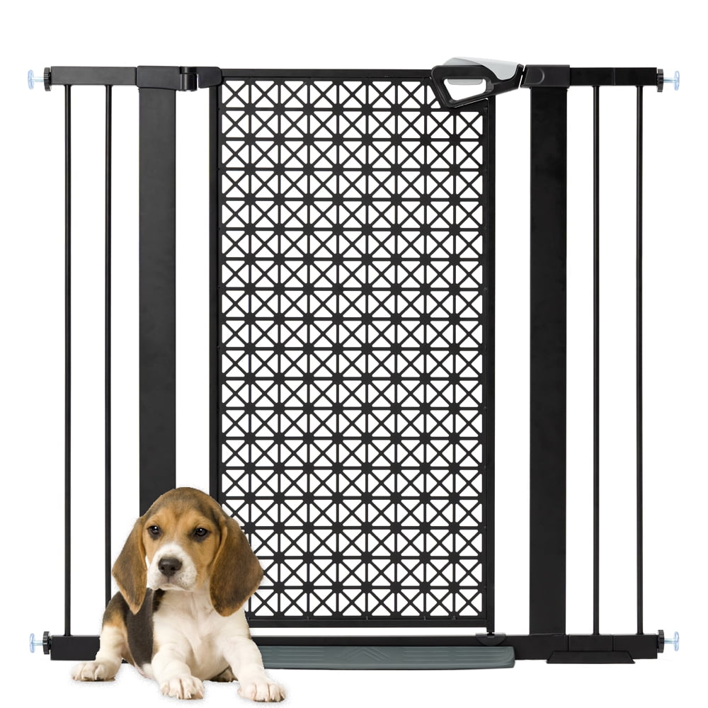 Unipaws 39.4” Tall Pressure Mounted Pet Gate, Fits 29-43 Inches Wide Dog Gate with 2.8" & 5.5" Extensions and Auto-Close and Hold-Open Door, No Drill, Black Geometric Design