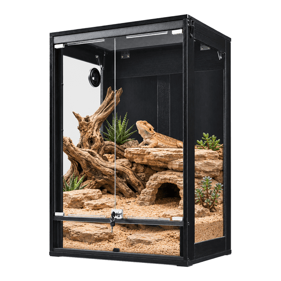 Unipaws 63 Gallon Vertical Reptile Tank, 36-Inch Tall Bearded Dragon Enclosure with Sliding Doors, Safety Lock & Mesh Top, Black Wood Terrarium