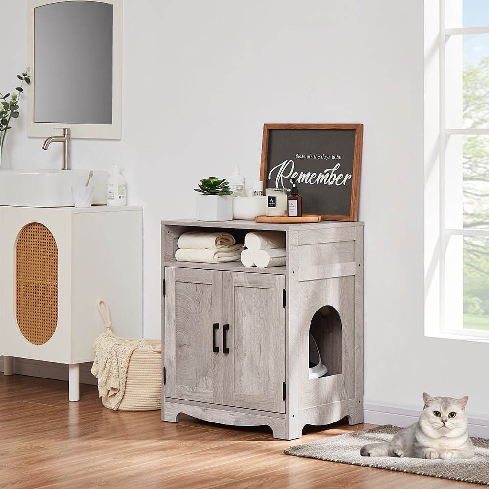 Weathered Gray Engineered Wood Cat Litter Box Enclosure