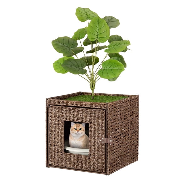 Unipaws Cat Litter Box Enclosure with Faux Plant and Litter Mat, Hidden Handwoven Rattan Planter Cat House Furniture, Espresso