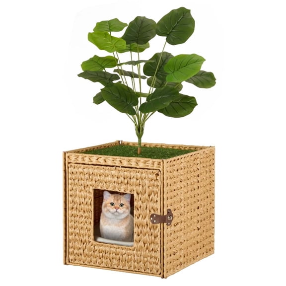 Unipaws Cat Litter Box Enclosure with Faux Plant and Litter Mat, Hidden Handwoven Rattan Planter Cat House Furniture