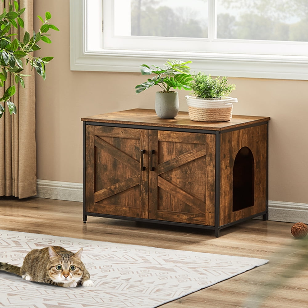 Unipaws Cat Litter Box Enclosure with Top Opening Cat Washroom Storage Bench for Large Cat High Jumbo Litter Box Rustic