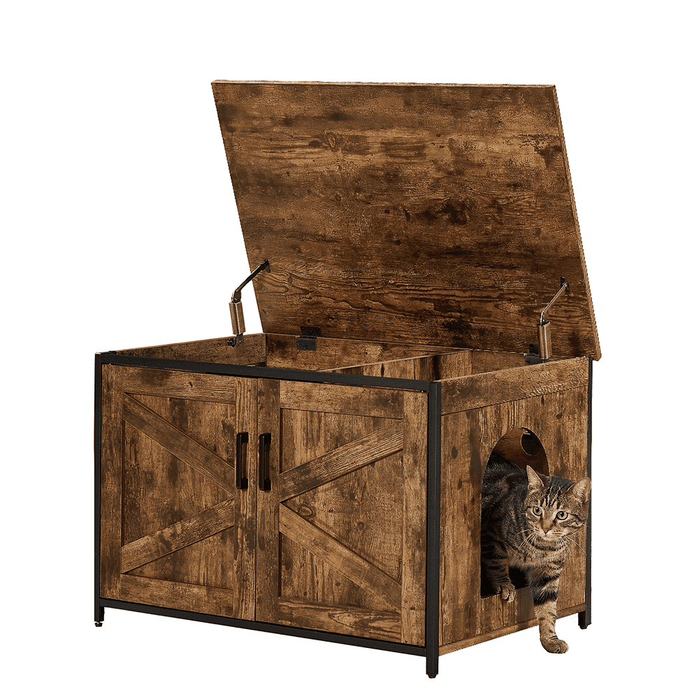 Unipaws Cat Litter Box Enclosure with Top Opening, Cat Washroom Storage Bench for Large Cat, High Jumbo Litter Box, Rustic