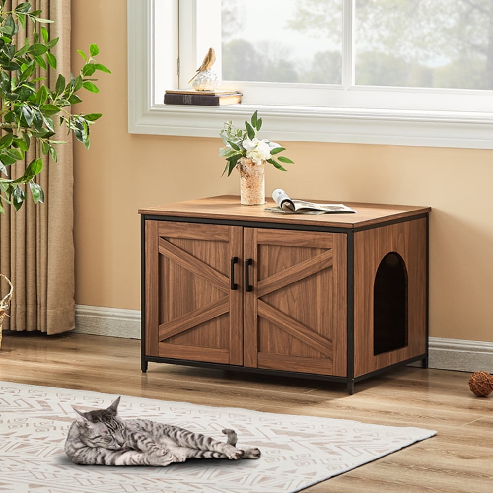 Walnut Large Cat Litter Box Enclosure with Metal Frame