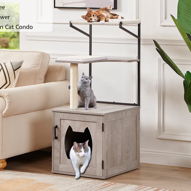 Unipaws Cat Litter Box Furniture with Cat Tree Tower, Wooden Litter Box