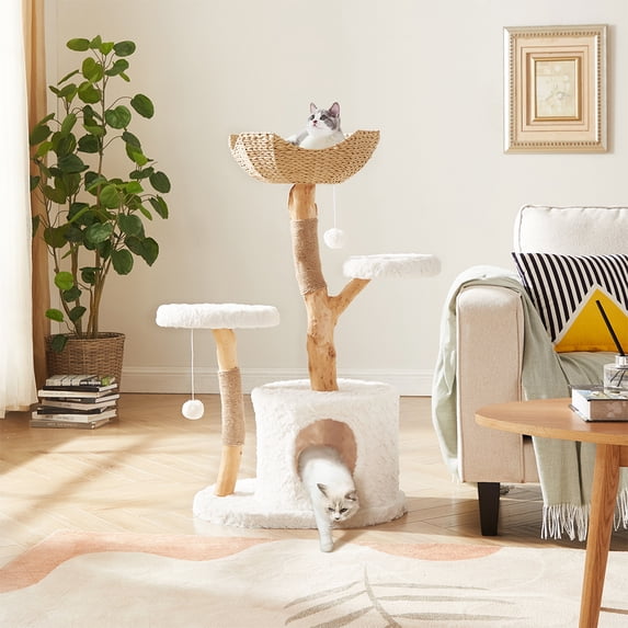 Unipaws Modern Cat Tree Tower for Small and Large Cats, Real Solid Wood Branch Luxury Cat Condo with Scratching Post and Cat Bed