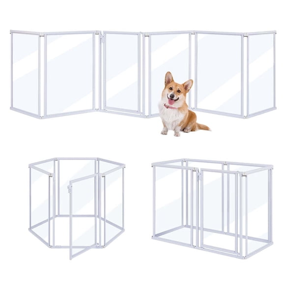 Unipaws Clear Acrylic Transparent Dog Playpen, 125” Extra Wide 6 Panels Freestanding Walk Through Dog Gate