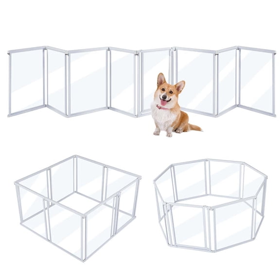 Unipaws Clear Acrylic Transparent Dog Playpen, 166” Extra Wide 8 Panels Freestanding Walk Through Dog Gate