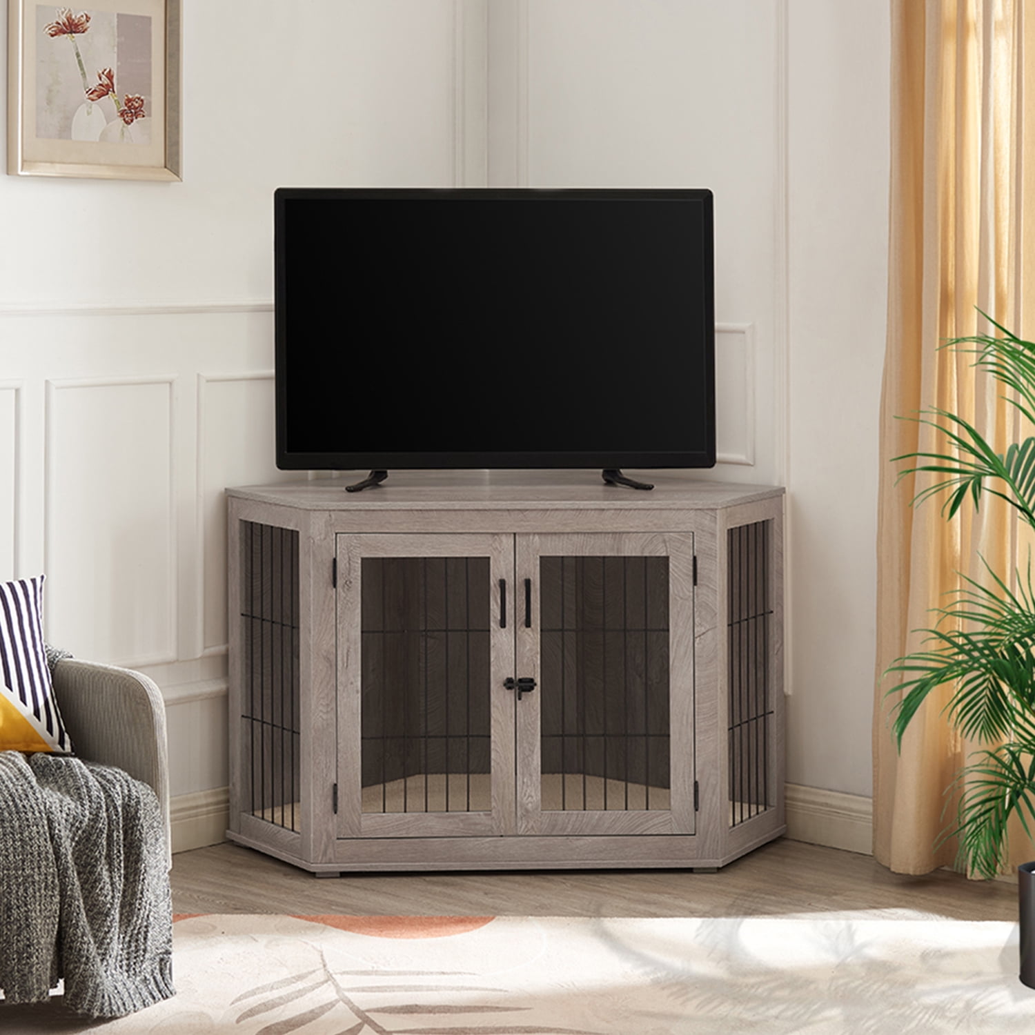 Unipaws Corner Dog Crate Furniture, Wooden Dog Kennel for Dogs Puppy