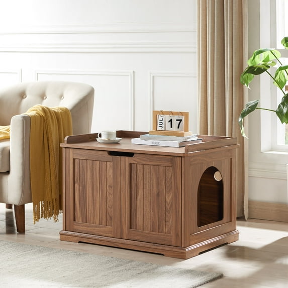 Unipaws Designer Cat Litter Box Furniture, Cat Washroom Storage Bench, Walnut