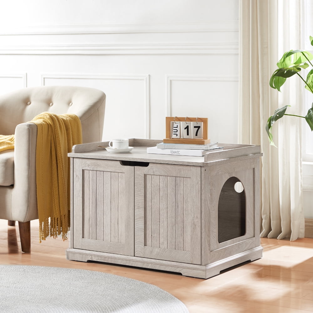 Weathered Gray Wooden Cat Litter Box Enclosure Bench
