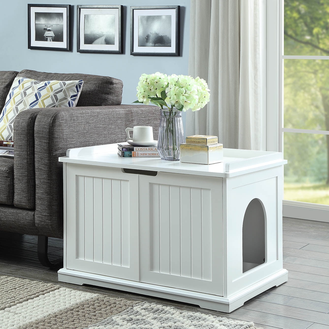 White Wooden Cat Litter Box Enclosure and Storage Bench