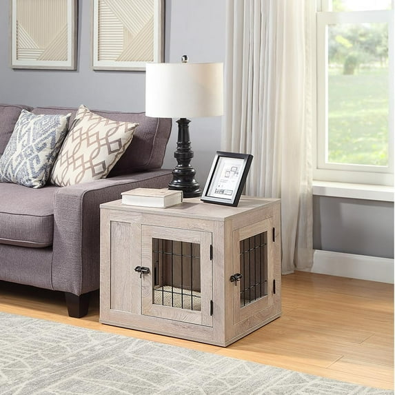 Unipaws Dog Crate End Table with Cushion Indoor Use Grey Small, Weathered Gray