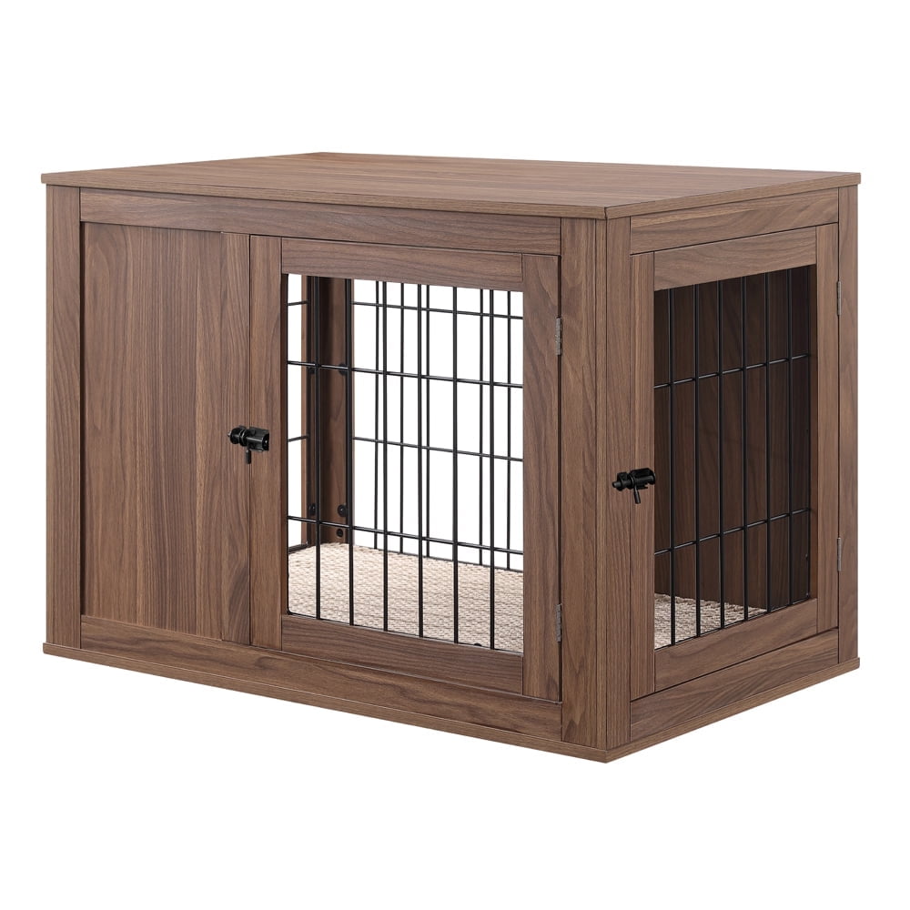 Medium Walnut Wooden Dog Crate End Table with Cushion
